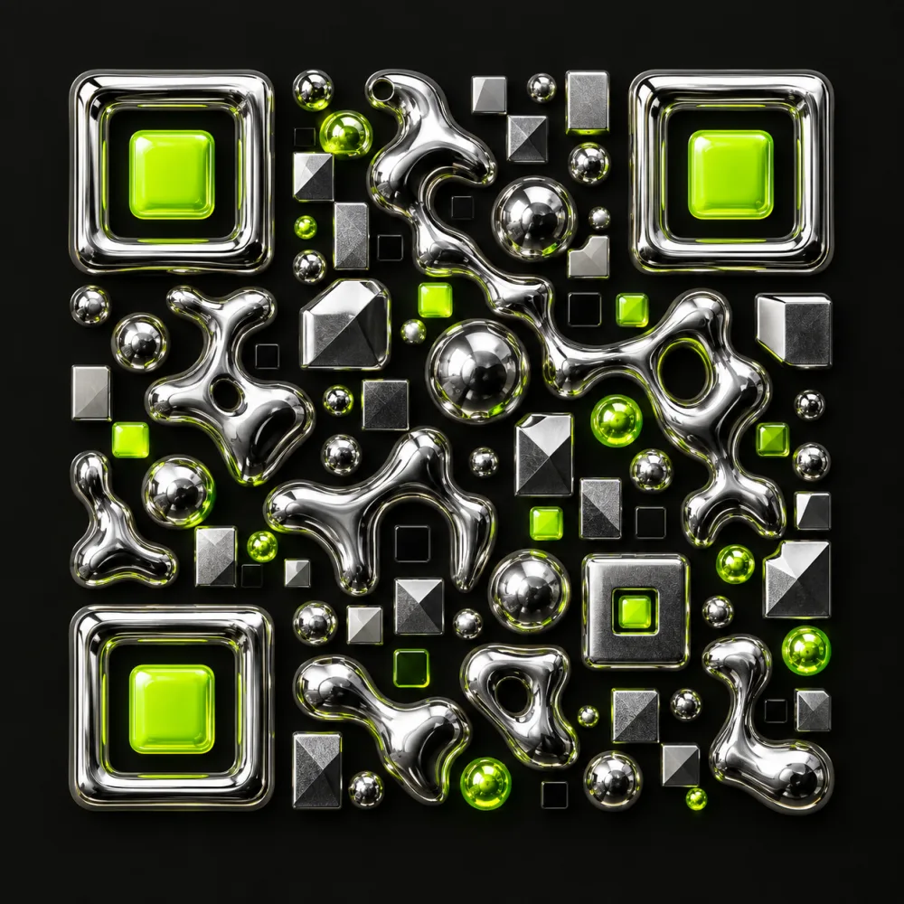 Experimental QR-inspired liquid chrome and acid green artwork on black