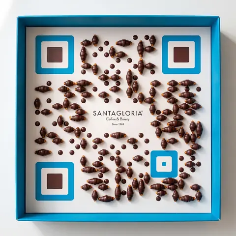 Santagloria code in the sky-blue box with blue finder squares