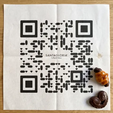 Santagloria code printed on pastry wrapping paper with croissants