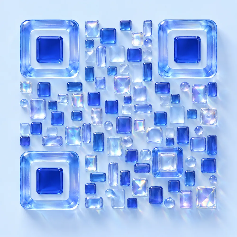 Luminous blue glass QR-inspired artwork with crystalline shapes
