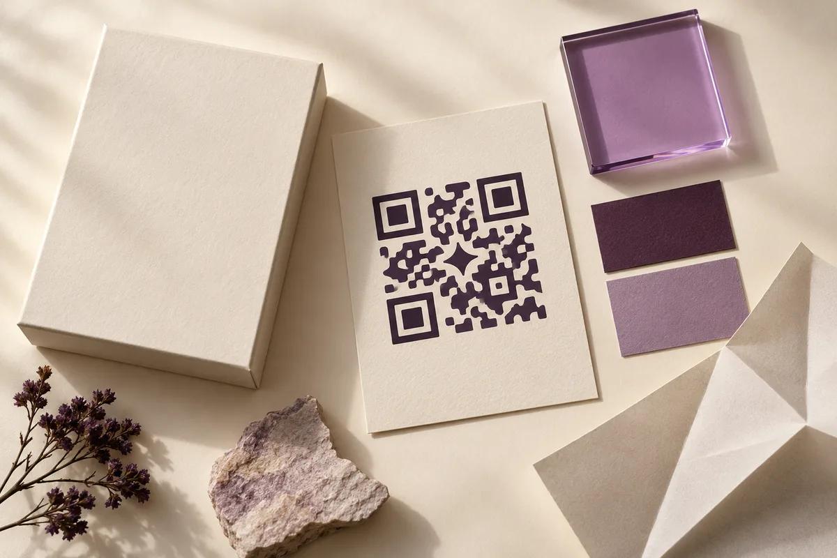 Ivory packaging and violet color samples arranged on a designer’s desk.