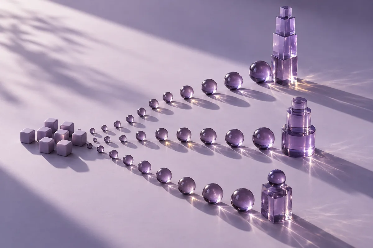 Violet glass paths branching toward towers of different heights.