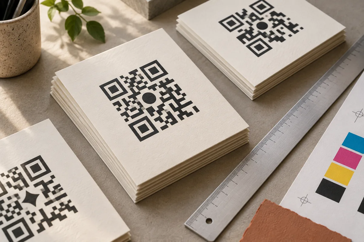 Printed QR proof cards beside a metal ruler and color swatches.